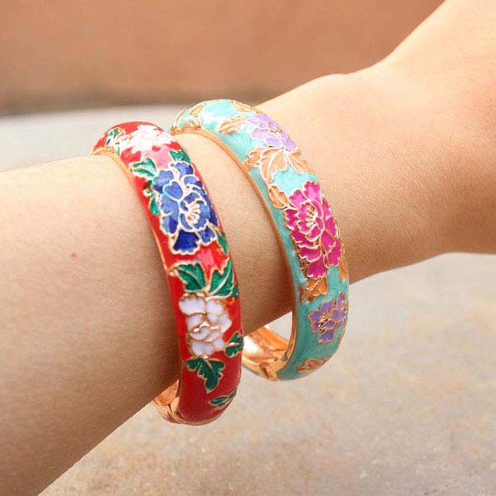 Hanfu Accessories Filigree Enamel Bangle Cheongsam accessories Hollow Out Peony Bracelet Party