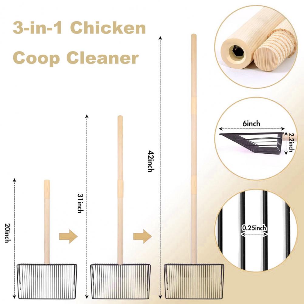3-in-1 Large Chicken Poop Scooper Stainless Steel Chicken Cleaning Shovel with Wooden Handle Litter Scoop Poultry Waste Remover