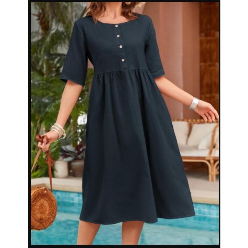 YYFS Женская мода лето весна однотонный принт с коротким рукавом и круглым вырезом свободная талия повседневные платья