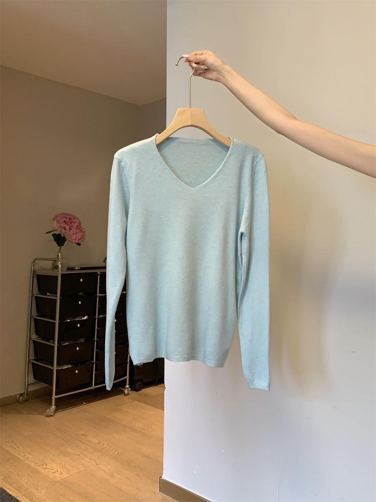 Повседневный темпераментный воротник свободный трикотажный свитер с длинным рукавом женский осенний новый тонкий легкий профессиональный стиль внутренний топ