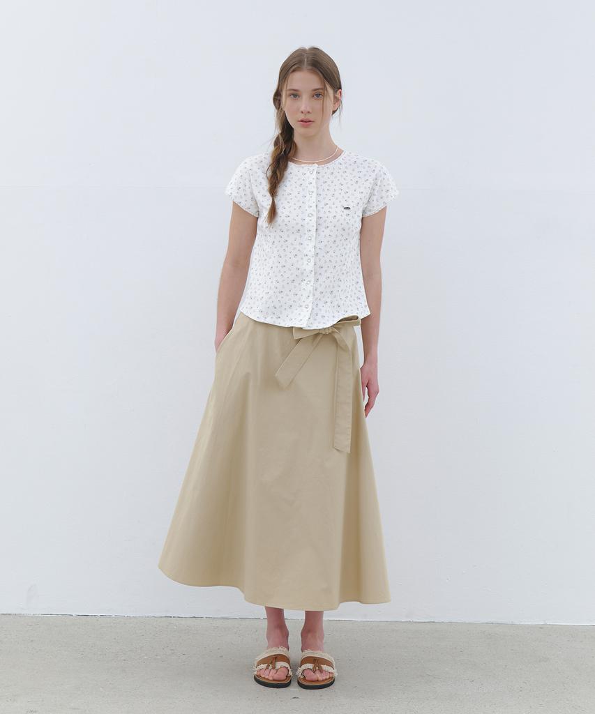 Cluny Wide Tie Flare Long Skirt - Beige