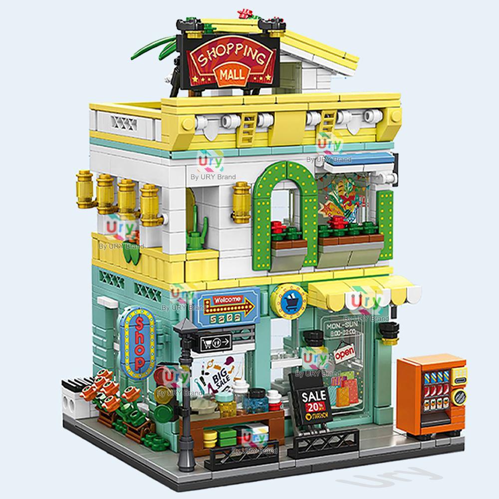 City Street View Modular Mall Supermarket Corner Convenience Store Retro Flower House MOC Architecture Building Blocks for Kids
