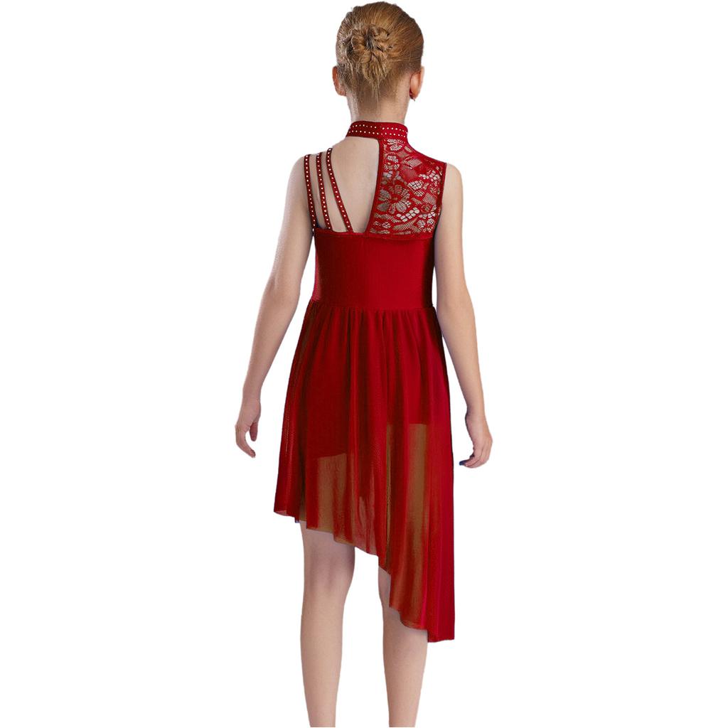 Платье-трико для девочек с воротником-стойкой, цветочным кружевом, стразами, асимметричными плечами и неровным подолом, лирический танцевальный костюм