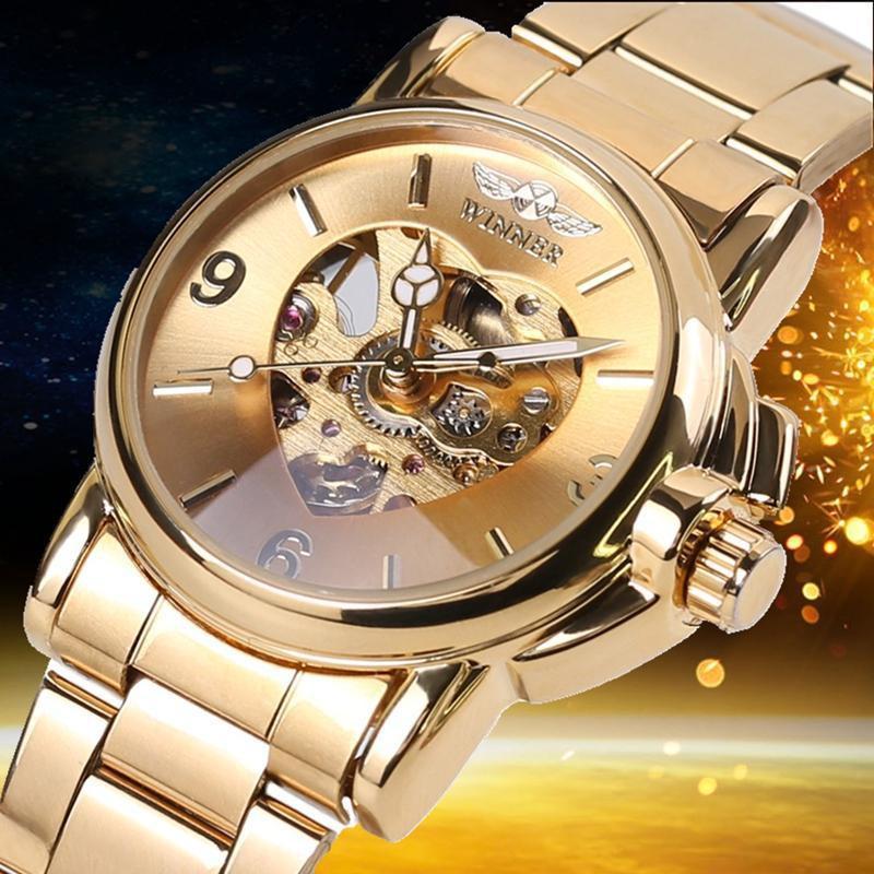 WINNER New Women Luxury Top Brand Automatic Mechanical Watch Golden Skeleton Love Stainless Steel Fashion Ladies Wrist Watch
