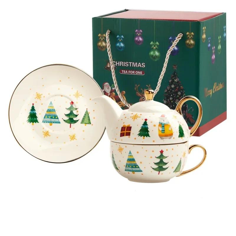 Christmas Ceramic Gold-plated Teapot Cup and Saucer Set Nordic Style Gold Plating Mug Handle Gift Box Teaware Sets Xmas Gifts