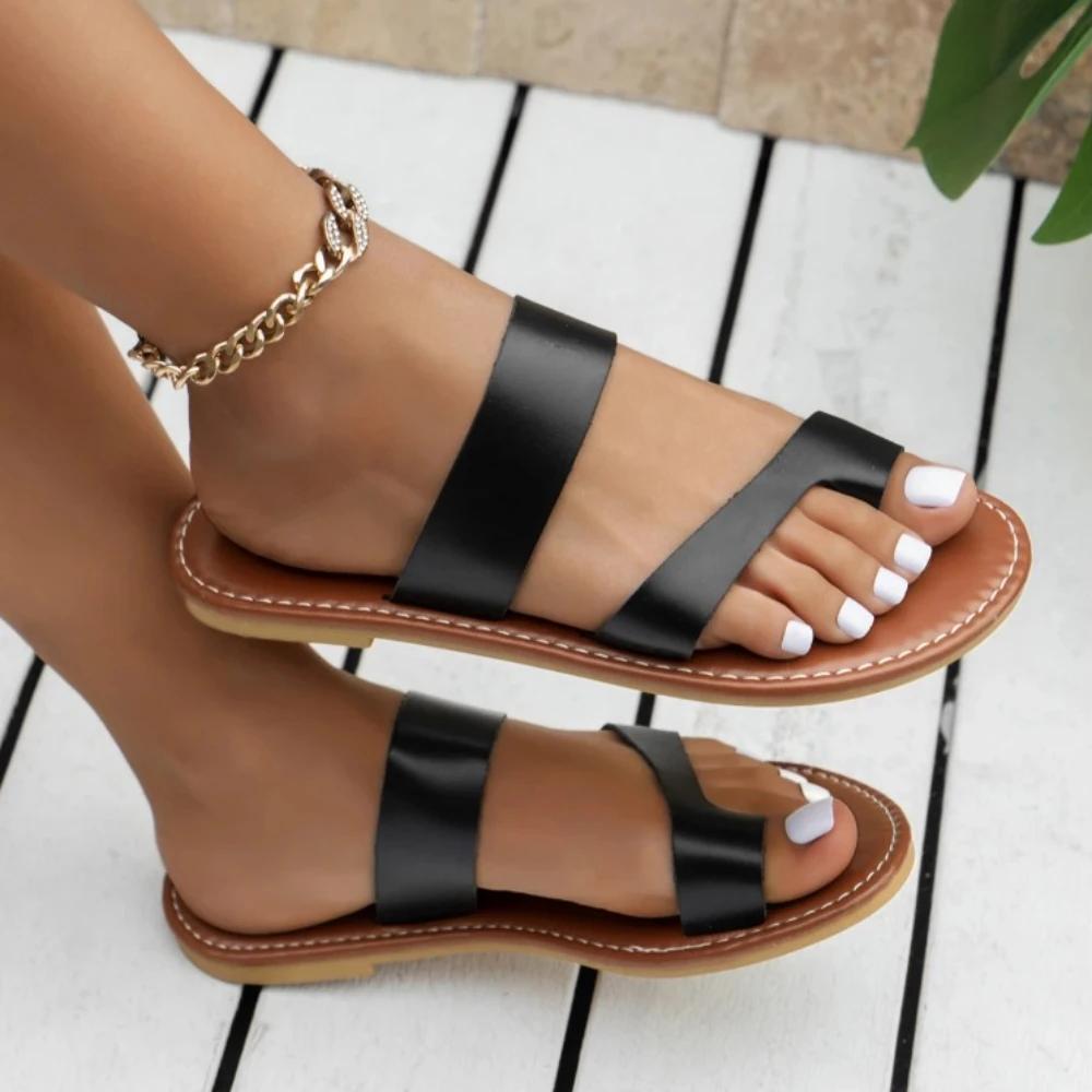 Модные женские тапочки больших размеров 2024 года, модные однотонные туфли на плоской подошве, модные тапочки с открытым носком, женская повседневная пляжная обувь