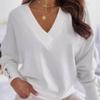 Женские топы с V-образным вырезом, длинным рукавом, манжетами на металлических пуговицах, трикотажные топы, однотонные, в стиле «коммутация», свободный крой, трикотаж