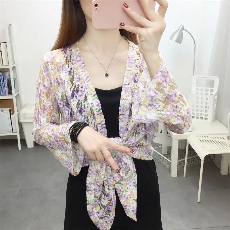 WTEMPO Повседневные однотонные кружевные солнцезащитные шали с цветочным принтом, пальто женские, весна-лето, повседневные, универсальные, тонкие, дышащие кардиганы