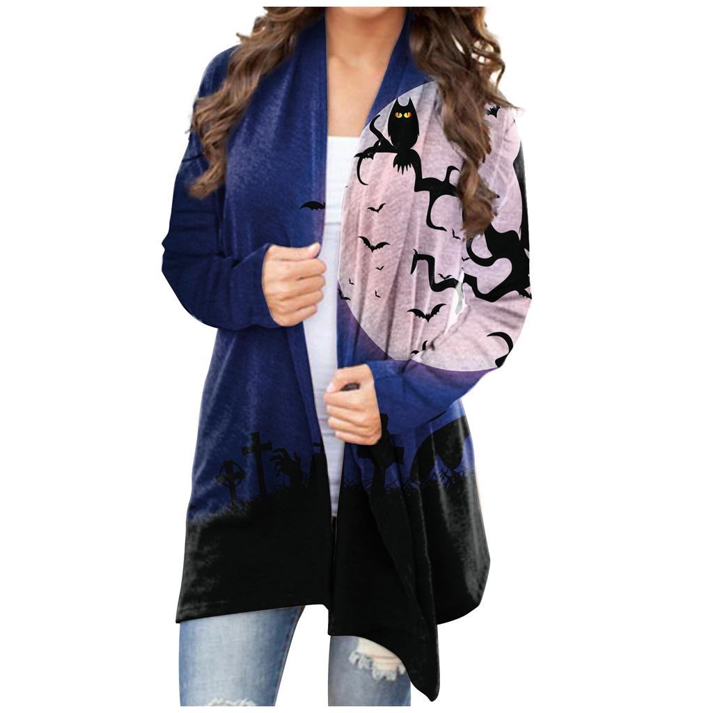 Женский кардиган, свободное повседневное верхнее пальто с карманами и длинными рукавами с принтом Хэллоуина