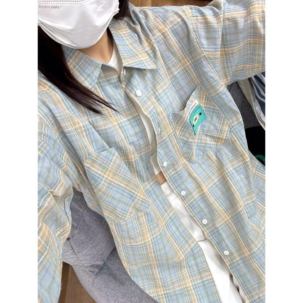 Весенне-осенняя женская рубашка с воротником поло, свободная повседневная клетчатая блуза, большой кардиган, женская блузка в корейском стиле