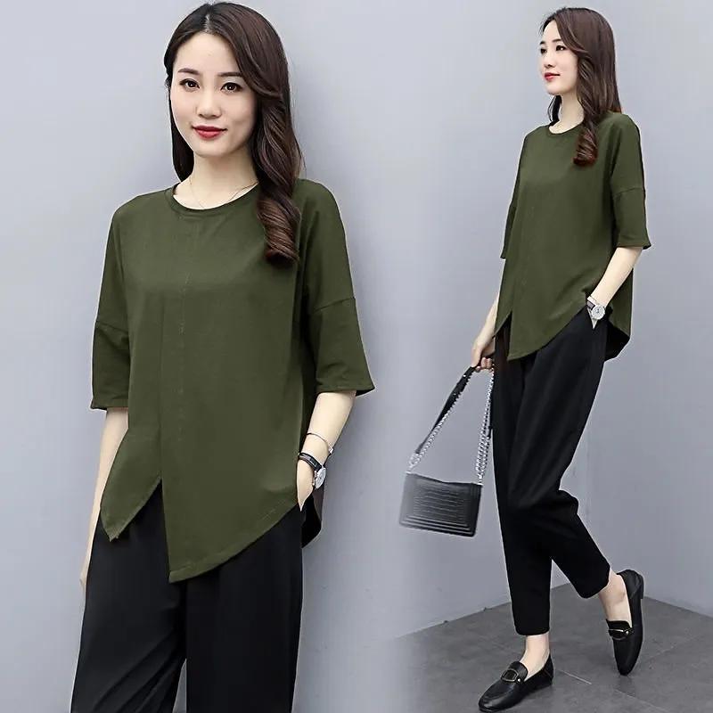 Женский летний комплект больших размеров для старения, тонкая футболка с круглым вырезом и брюками, повседневный комплект из двух предметов