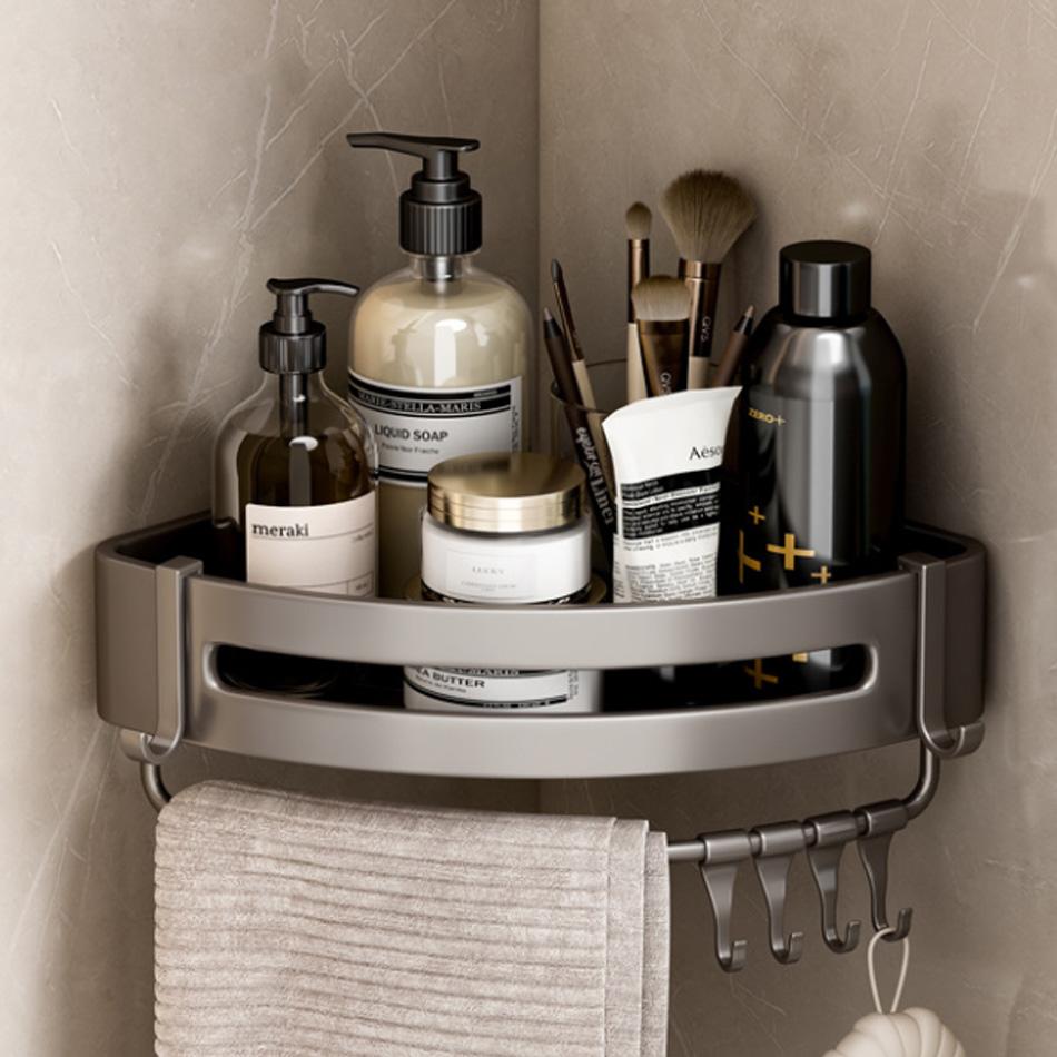 Прямоугольная полка для ванной комнаты, алюминиевая, серая, для туалета, кухни, для ванной, для хранения шампуня, мыла, треугольная полка с крючками, бесплатный гвоздь