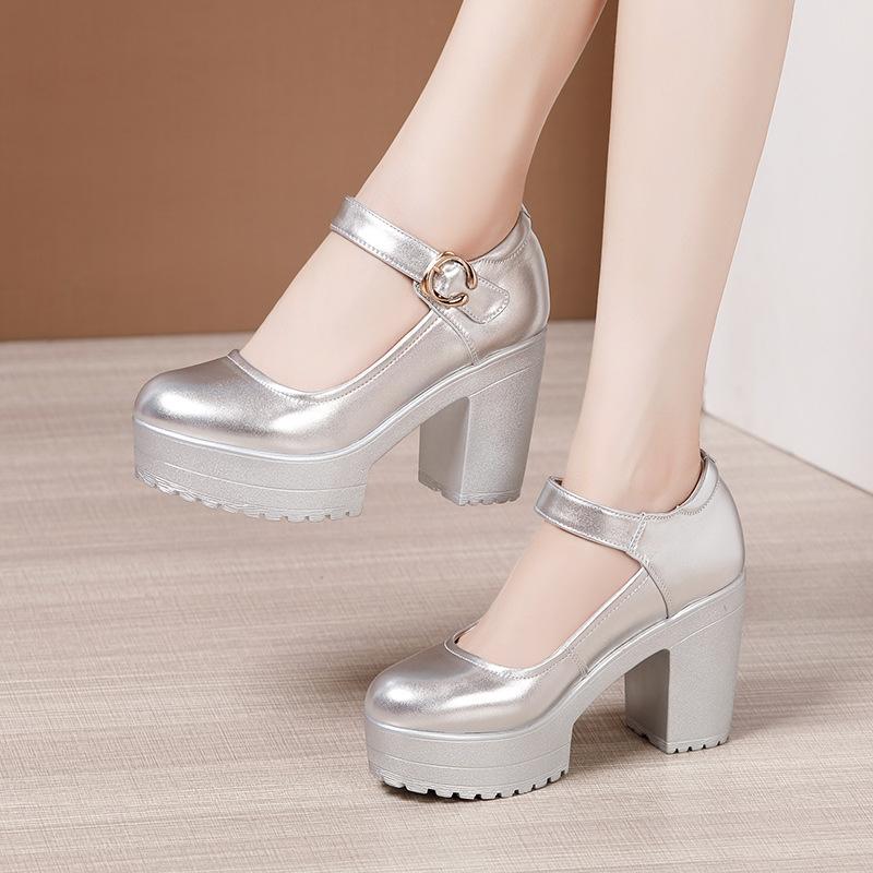 Мода Размер 32-43 Серебряные Красные Свадебные Туфли Мягкая Коровья Кожа Женские Туфли на Толстом Высоком Каблуке Массивные Туфли-Лодочки на Платформе Комфорт Женские Офисные Туфли