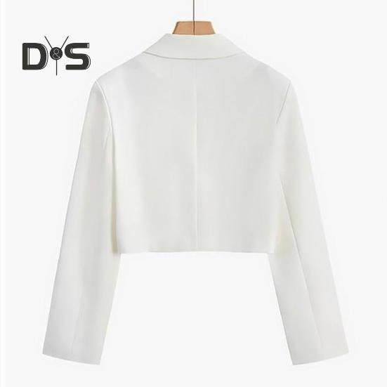 Women Short Suit Coat Double Breasted Chain Decor Long Sleeve Cardigan Lapel Notch Collar Loose Solid Color Thin Formal Business Style Lady Jacket