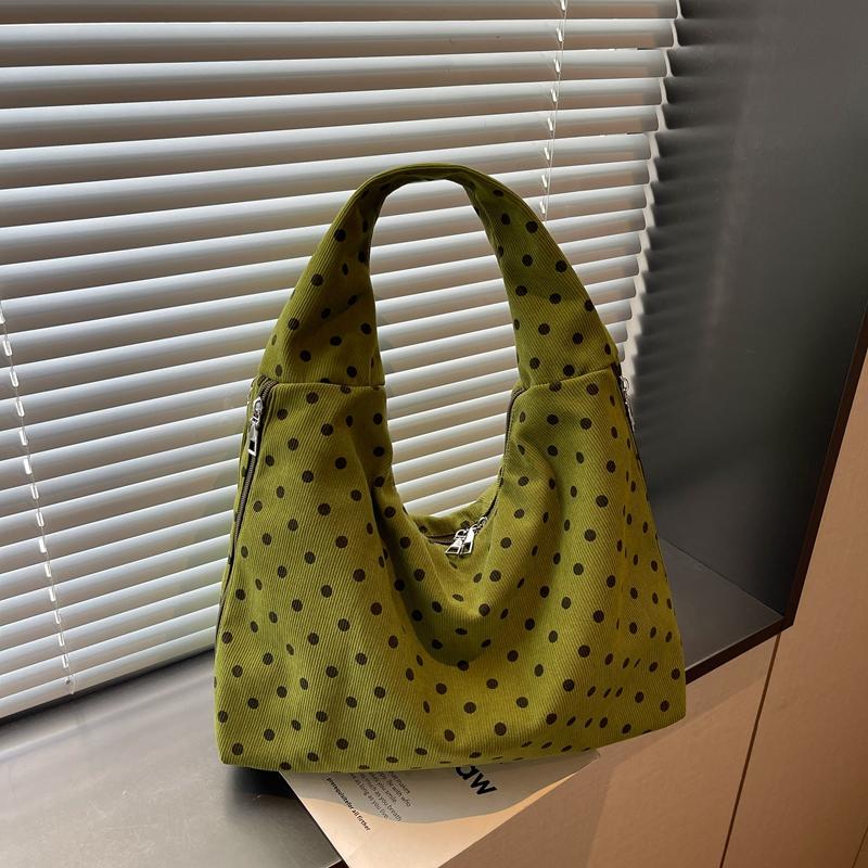 Women Polka Dot Hobo Bag Casual Shoulder Handbag with Multi Zipper Pockets Corduroy Bag