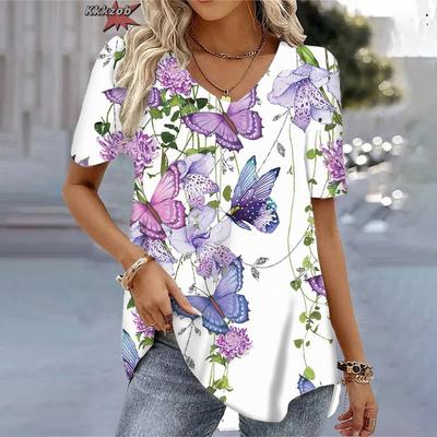 Футболка с коротким рукавом и принтом 3D-бабочки, женская одежда в корейском стиле 2024 года, футболки с короткими рукавами и V-образным вырезом, свободные повседневные блузки