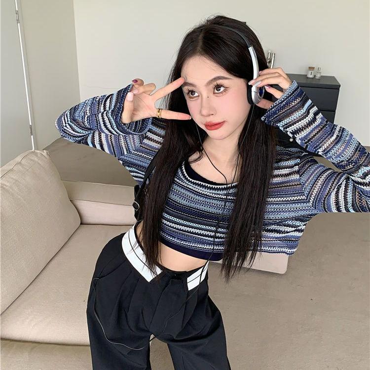 Y2k Эстетические женские базовые футболки, женская трикотажная рубашка в полоску с длинными рукавами, прозрачная рубашка, женский уличный топ