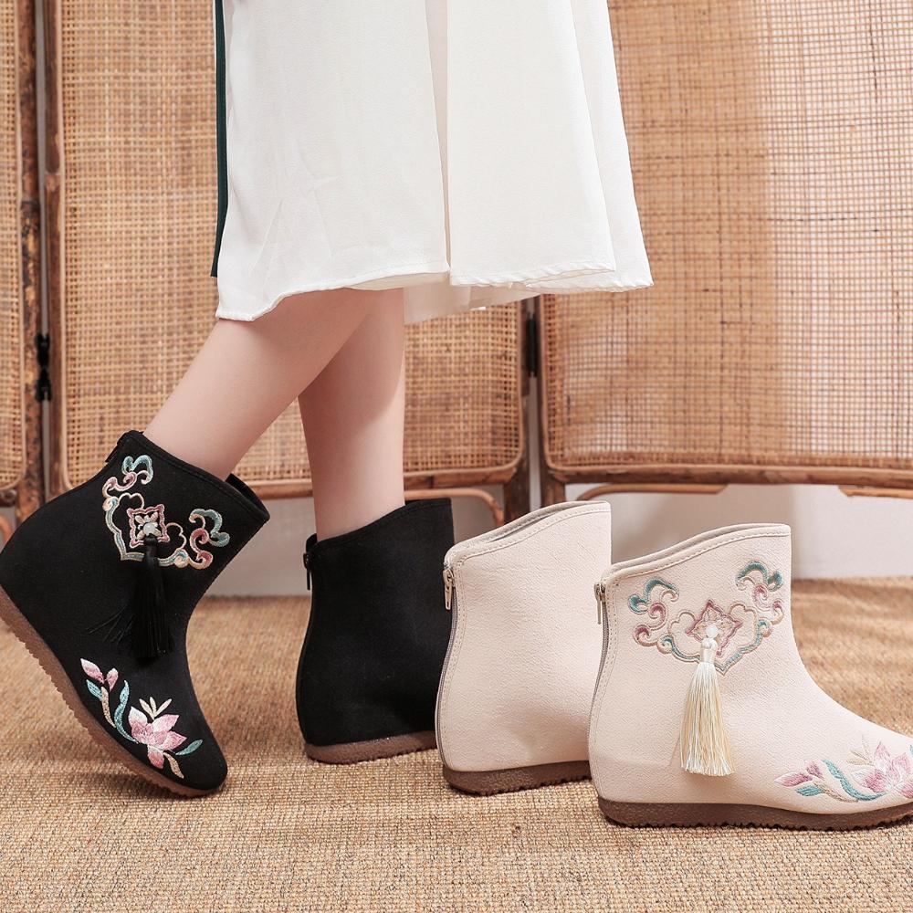 Зимние женские вышитые туфли в китайском стиле, туфли на платформе, ханьфу, zapatos, женские повседневные винтажные белые ботильоны