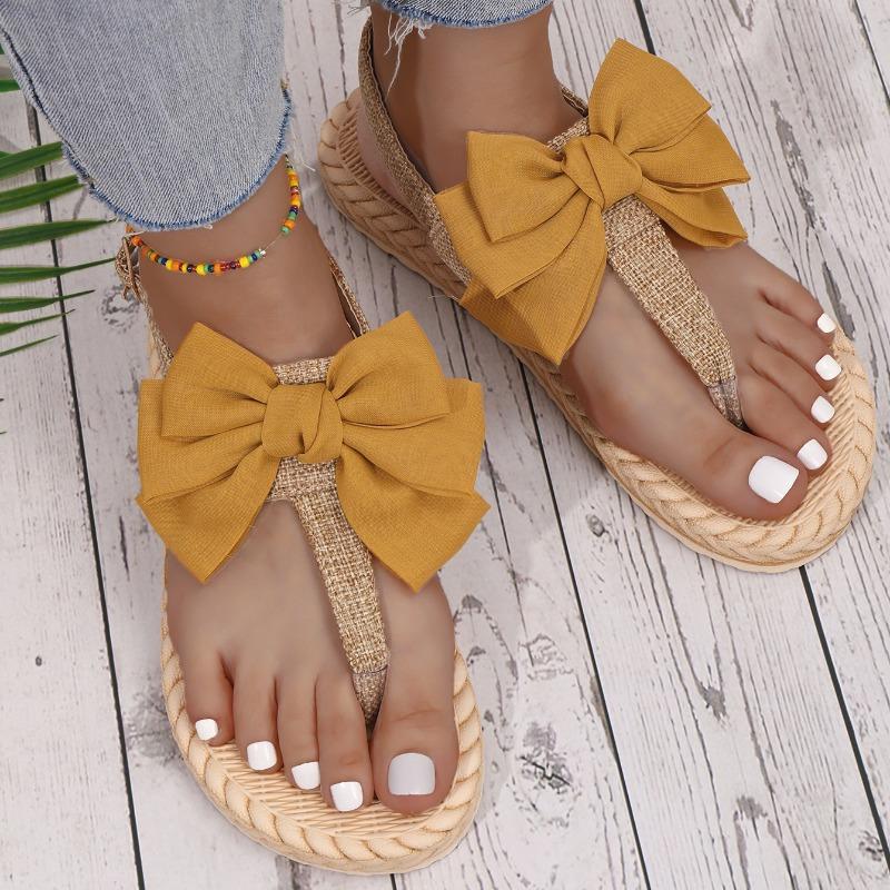 Женские летние сандалии на веревочной подошве из конопли, модные тенденции, розовые сандалии с бантом из бисера в помещении и на открытом воздухе