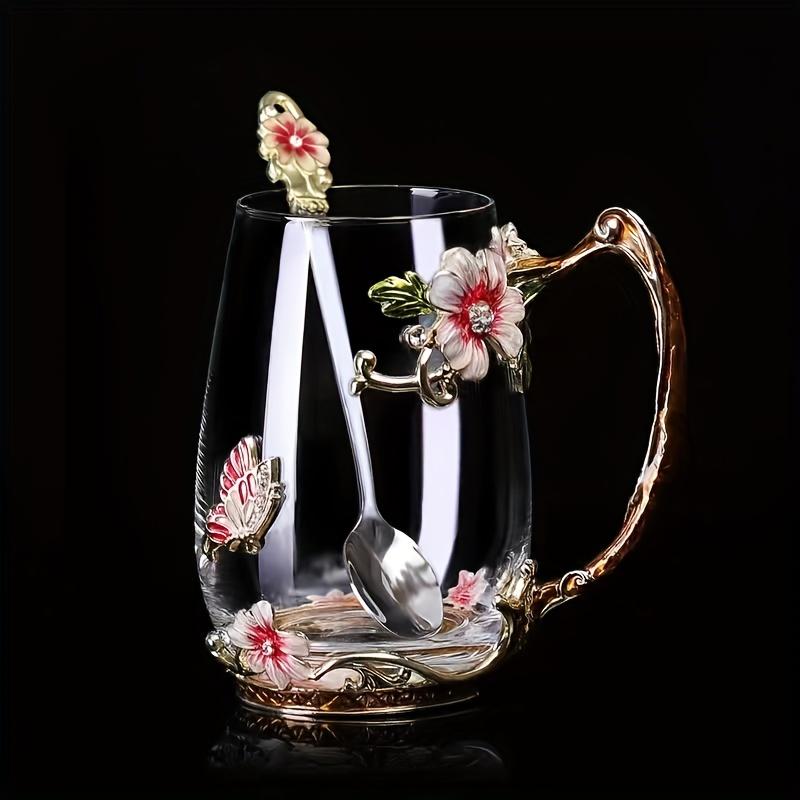 1pc Flower Enamel Crystal Tea Cup, Heat Resistant Coffee Mug, Lead-Free Glass Tumbler, Butterfly Painted Flower Water Cups, Clear Glass With Spoon Set