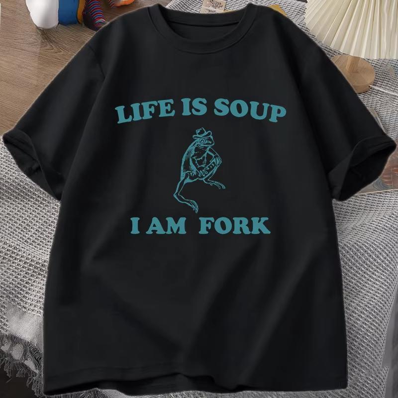 Футболка Life Is Soup I Am Fork Frog с рисунком, хлопковая унисекс, забавная ретро-футболка, летняя футболка с принтом животных, футболки с мемами о лягушках