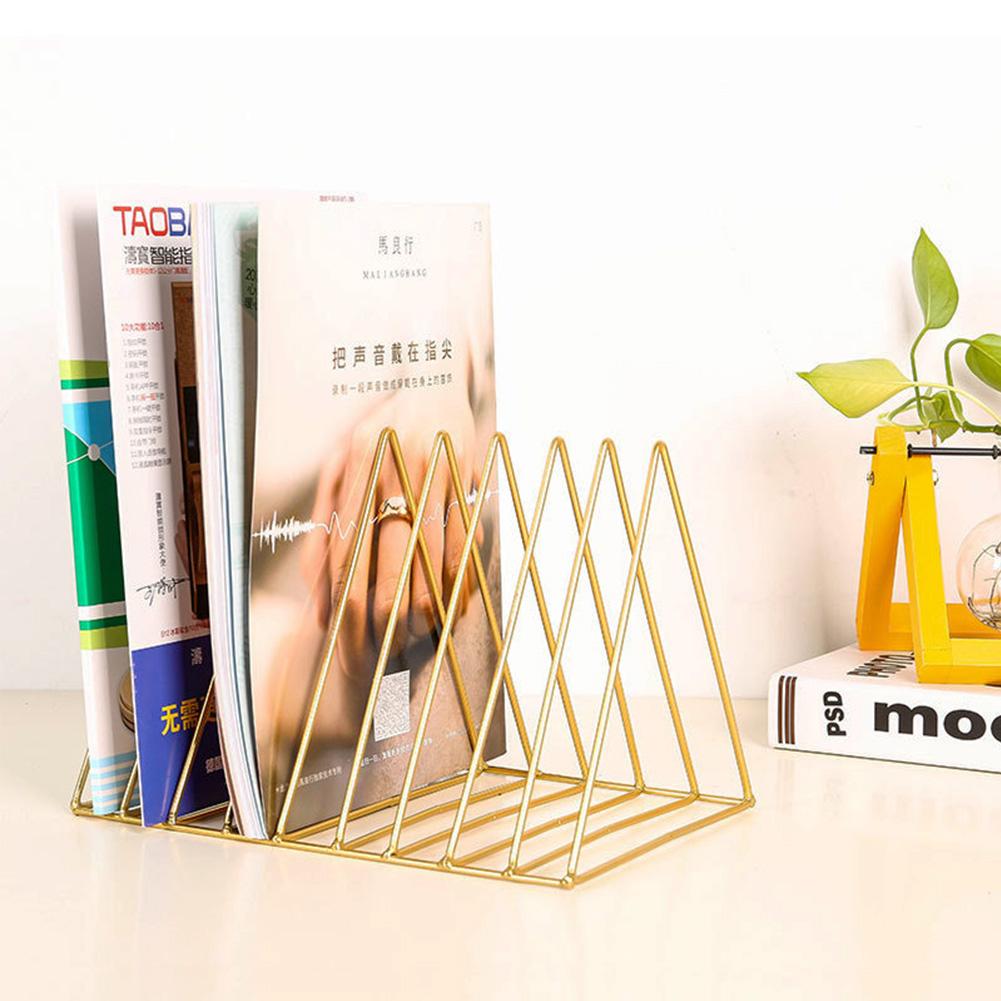 Multifunctional Iron Triangle Desktop Bookshelf Books Magazines Rack Holder Gold