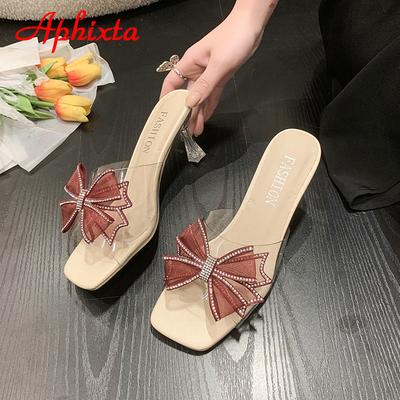 Aphixta 2025 Лето 7см Прозрачный Тонкий Каблук Шлепанцы Женские Роскошные Кристаллы Дизайн Бант Открытый Носок Слайды Сандалии Крутая Обувь