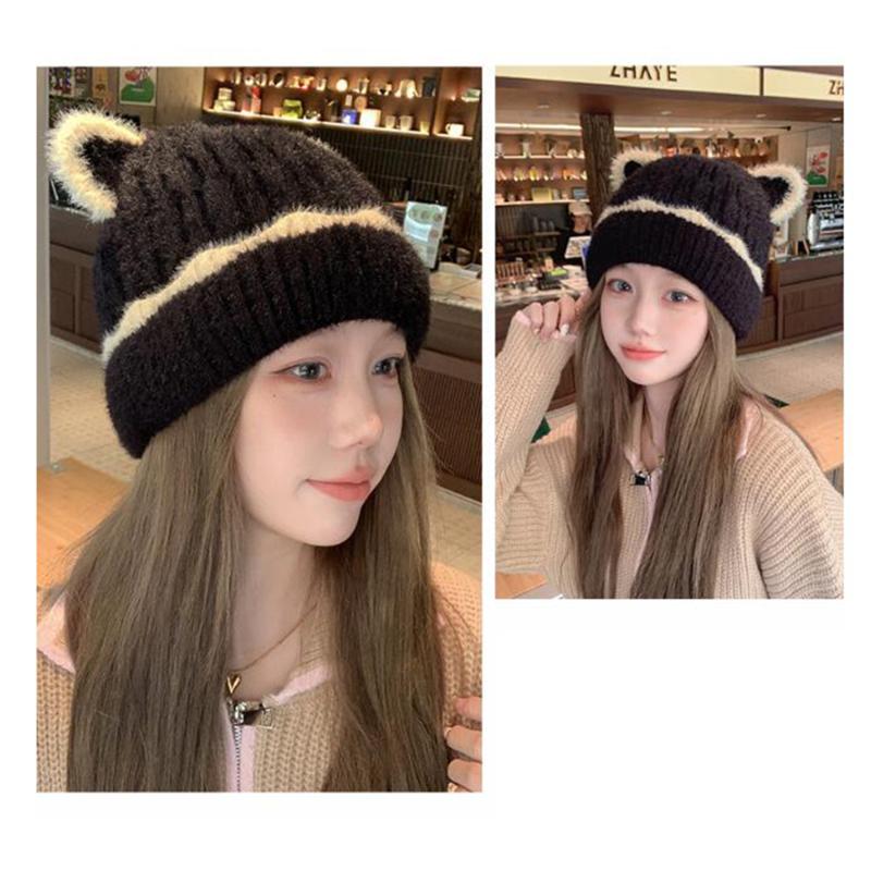 Зимняя теплая женская симпатичная шапка-бини, повседневная мешковатая меховая шапка с кошачьими ушками, аксессуары для головных уборов