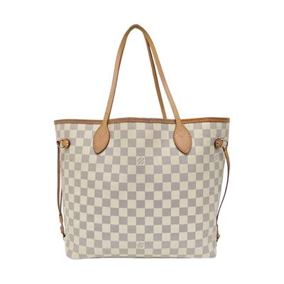 [Б/У] Neverfull Medium Белая Сумка-тоут на плечо из покрытого холста с клетчатым принтом, золотая фурнитура и косметичка - Хорошее состояние #1HFW6G3