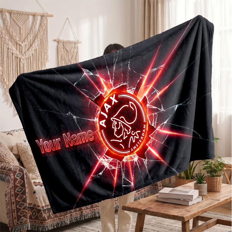 Ajax Amsterdam Personalized Fleece Blanket With Football Logo, Custom Name Text Soft Warm Home Throw Blanket