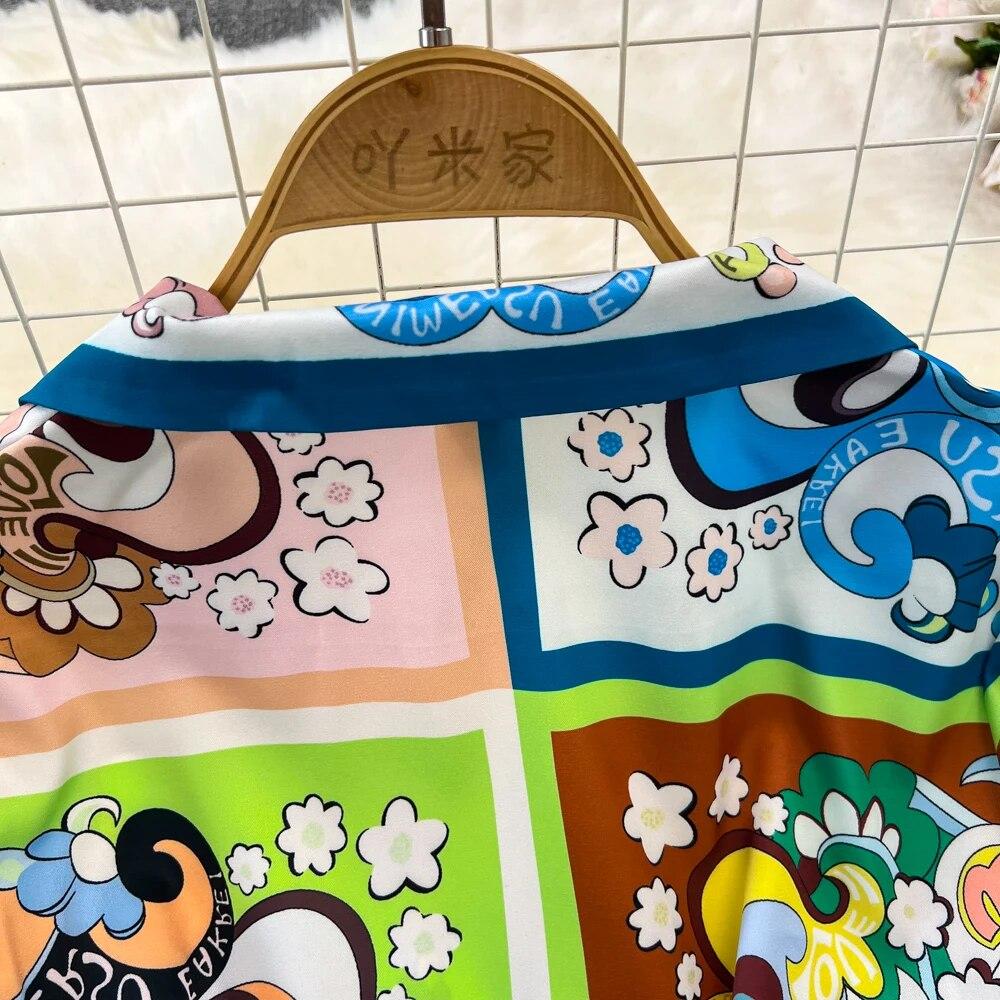 Runway Designer Vintage Pant Two Piece Set for Women Cyanotype Printed Blazer Shirt Trousers Suit