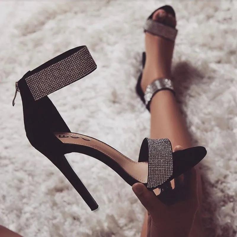 Ankle Strap Women Sandals Summer Fashion Rhinestones Thin High Heels Gladiator Sandal Narrow Band Party Dress Pump Shoes