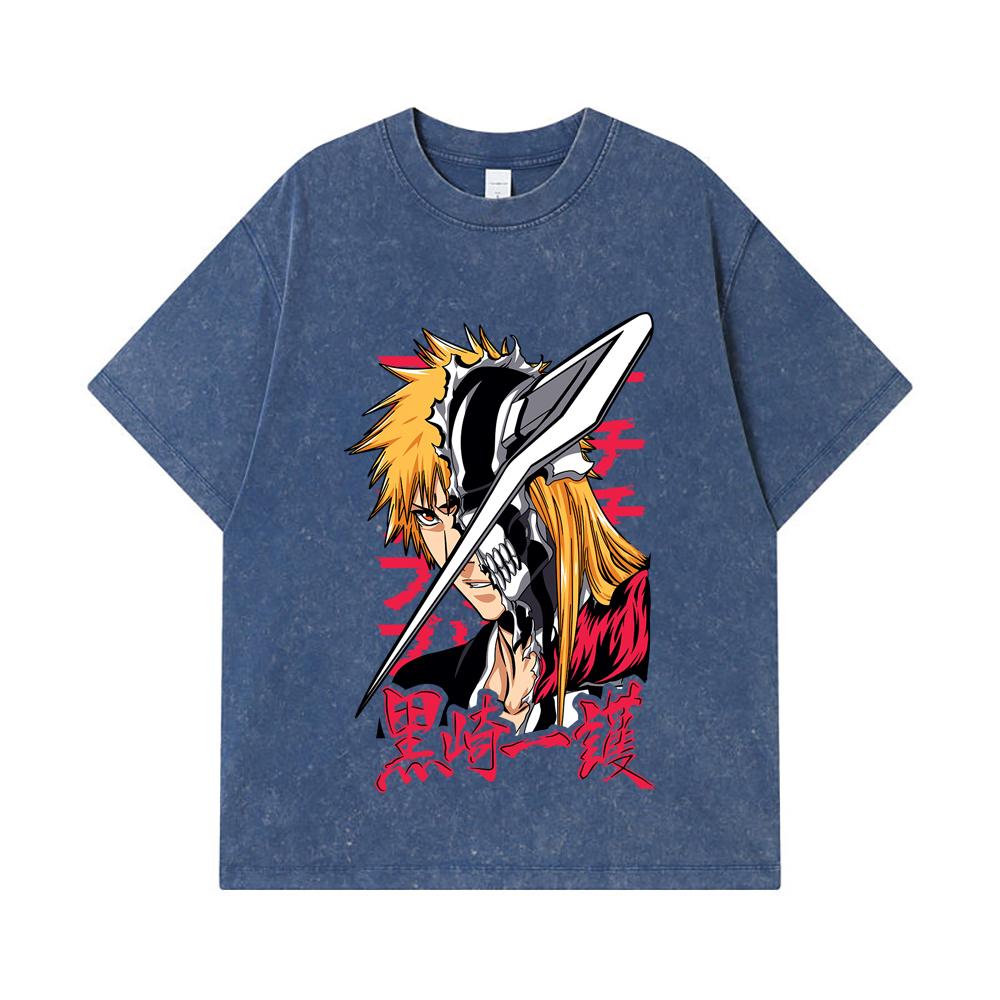 275 GSM Washed T-shirts 100% Cotton Bleach V4 Ichigo Print Unisex Heavy Cotton T Shirt
