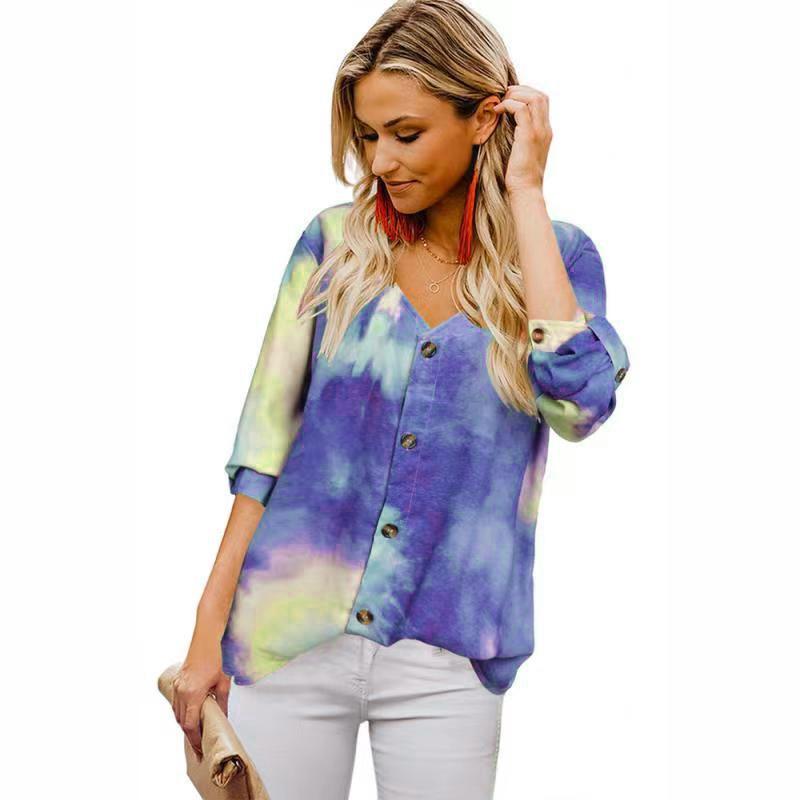 Women's Fashion Plus Size Autumn Tie Dye Button Loose Tops T Shirts Long Sleeve V Neck Casual Blouses