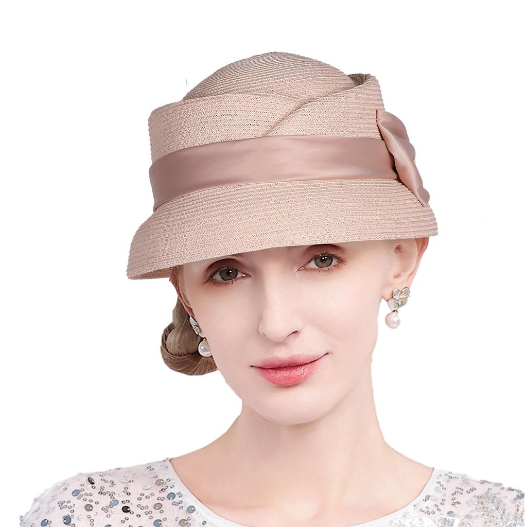 Women’s Vintage Straw Cloche Church Hat with Satin Bow | Elegant Bowler Bucket Hat for Tea Party Wedding Garden Formal Events