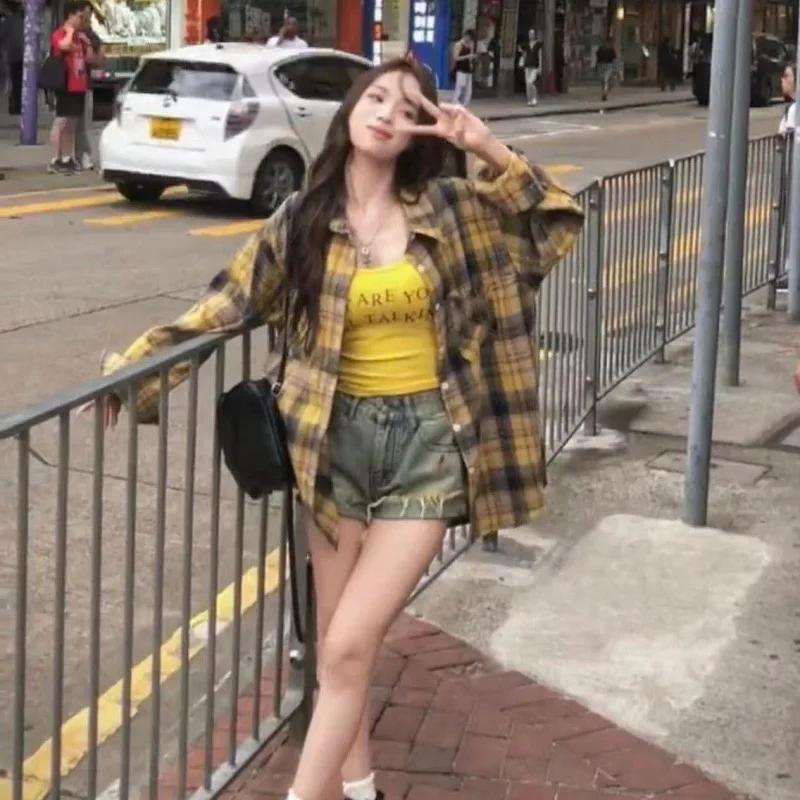 Корейская хип-хоп рубашка с цветными блоками в клетку с длинным рукавом для женщин весна-осень свободный крой стиль оверсайз универсальная модная куртка