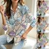 Women Line Drawing Magnolia Print Lapel Long‑Sleeve Shirt, Soft Elegant Temperament, Ideal for Business Work, Casual Trip and Afternoon Tea Party