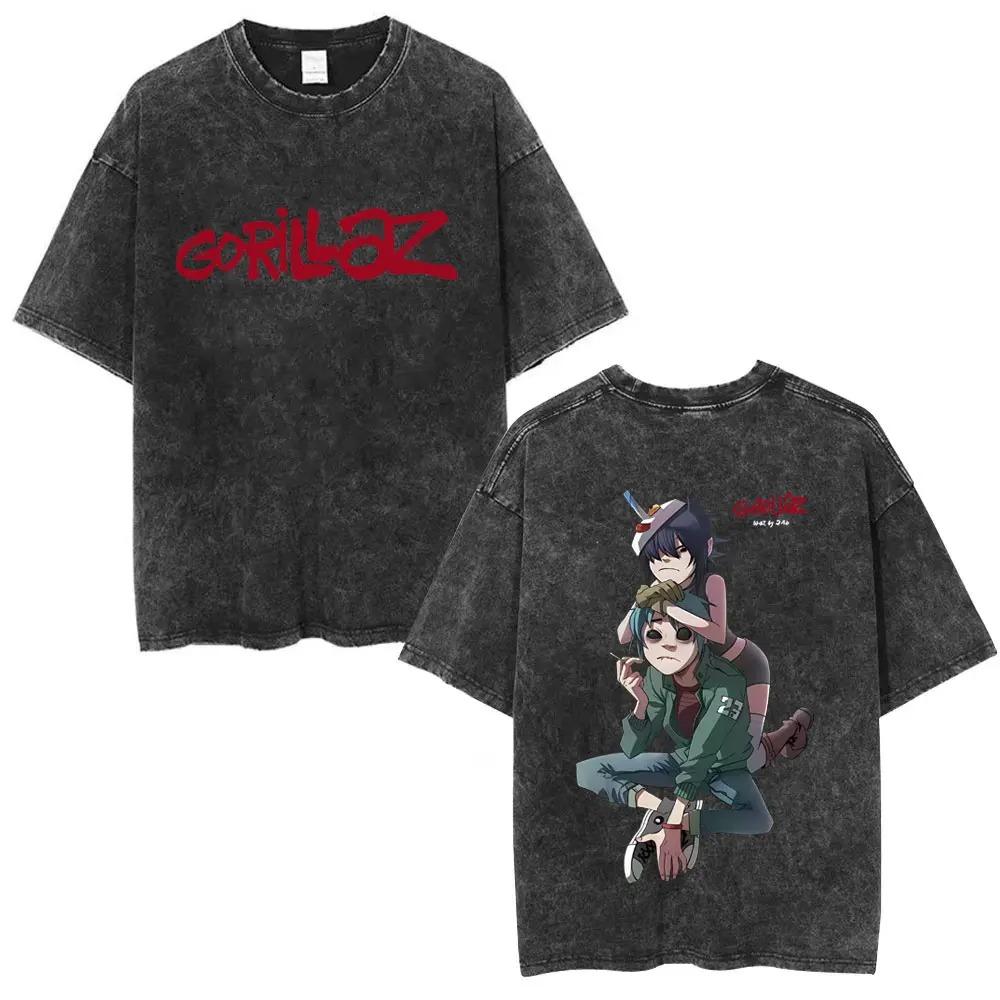 Gorillaz Виртуальная группа Двусторонняя графическая печать Винтажная стирка Оверсайз Уличная футболка