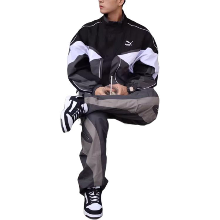 Puma Ss23 Архивная серия Архивный комплект Цветные блоки Стоячий воротник Молния Ретро Спортивная куртка Унисекс Куртка Черная 622783-01
