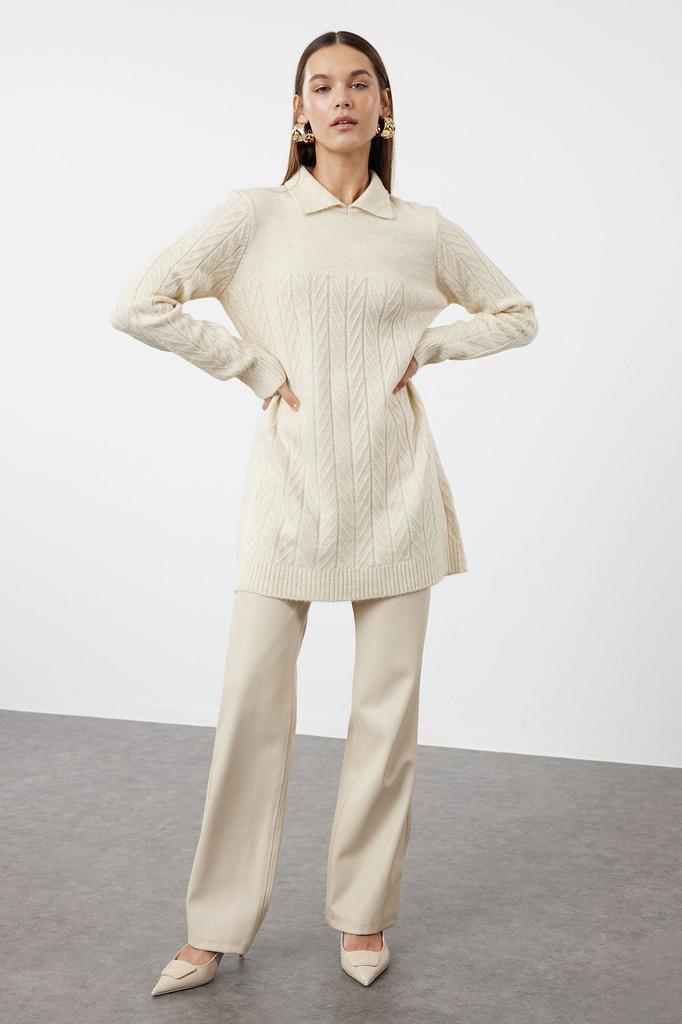 Women's Fashionable Stylish Hijab Sweater Stone Soft Textured Knitwear Zigzag Patterned Sweater