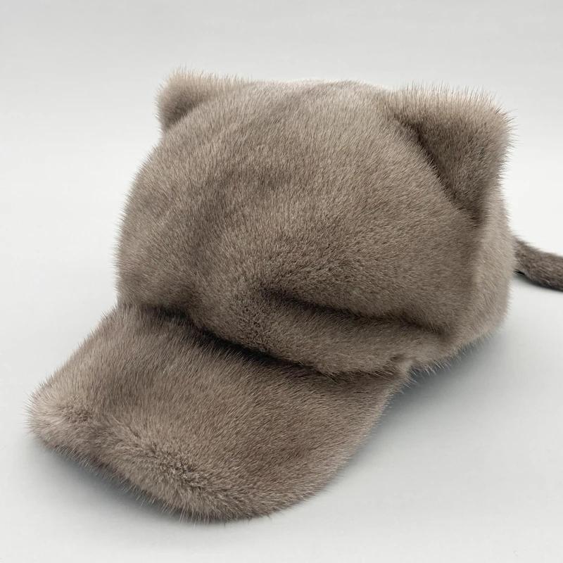 Шапки из меха норки для женщин Зимние теплые однотонные шапки из натурального роскошного меха Высококачественная женская меховая шапка с хвостом Милые кошачьи шапки для девочек