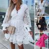 Women Fall Dress Lace Hollow Out A-line Loose Hem V Neck Long