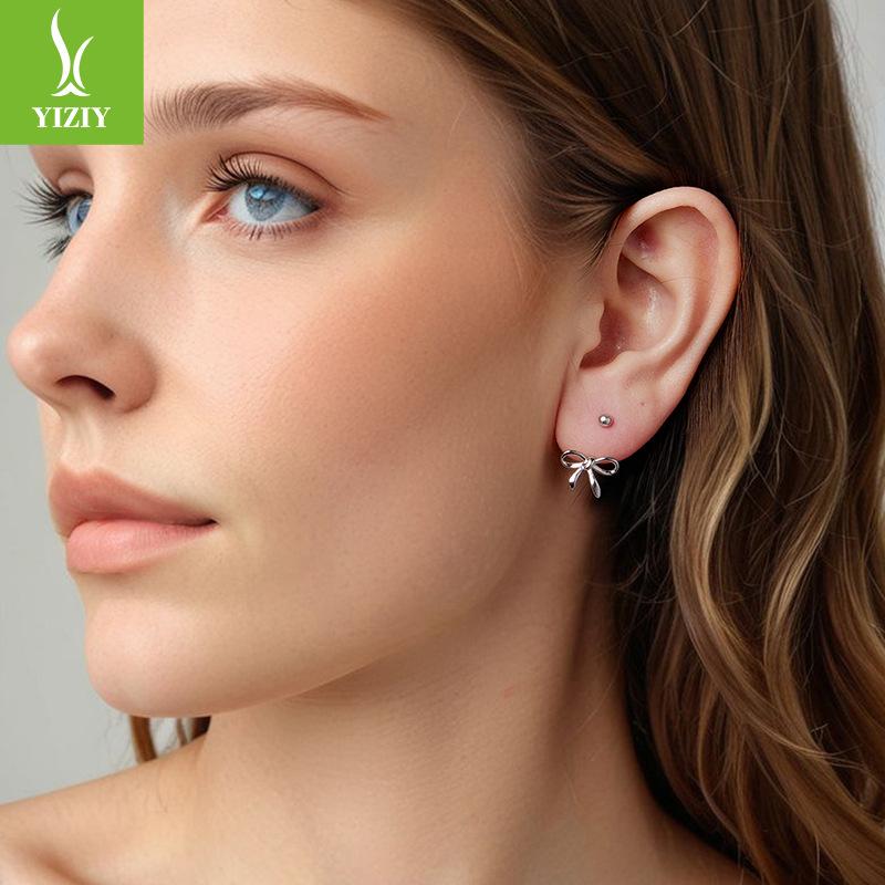 Bow Plain Silver Stud Earrings Women'S Simple Classic Design S925 Sterling Silver Threaded Stud Earrings
