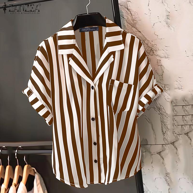 ZANZEA Женская повседневная летняя блузка в полоску с отложным воротником и коротким рукавом