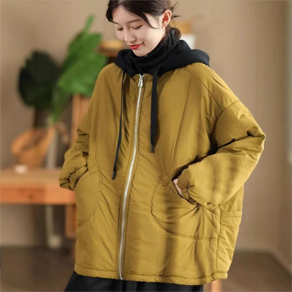 Johnature Женские винтажные зимние куртки с капюшоном на молнии однотонные с длинным рукавом и карманами повседневные