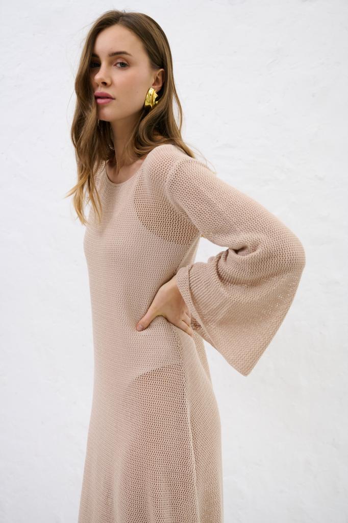 Sablé long summer dress in organic cotton and cashmere beige / / Long