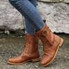 Fashion Retro Autumn/Winter Women's Western Cowboy Boots Lace Up Solid Color Side Zipper Low Heel Mid Calf Motorcycle Boot Goth Shoe