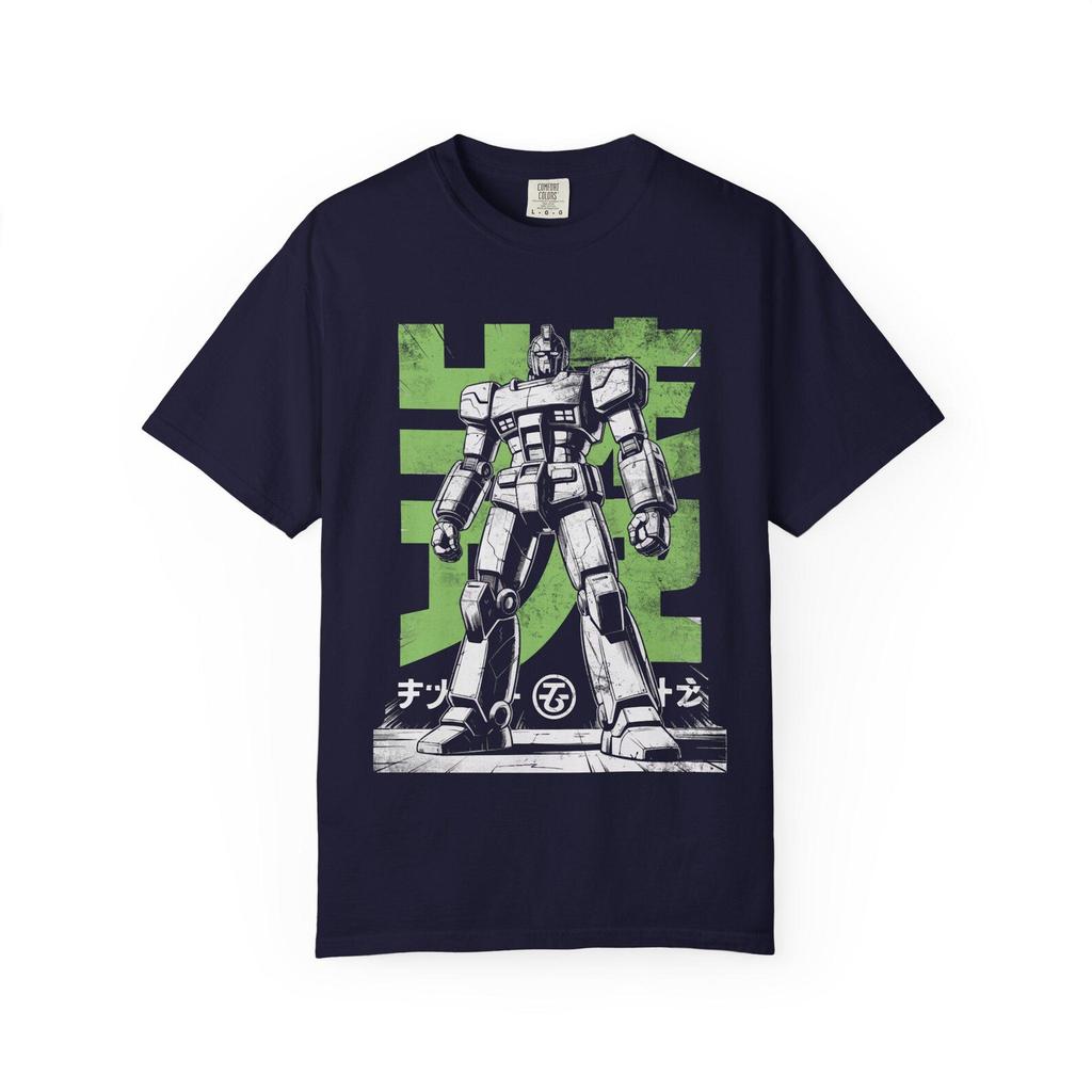 Vintage Mecha Robot Sketch 02 T-Shirt | Green Rising Sun Background