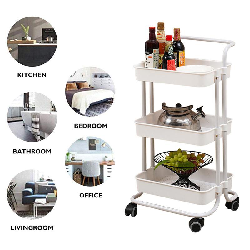 Storage Organizer Rack Movable Bathroom Kitchen Shelf Metal Rolling Trolley Cart Basket Stand Wheels Save Space Holder 3 Layer