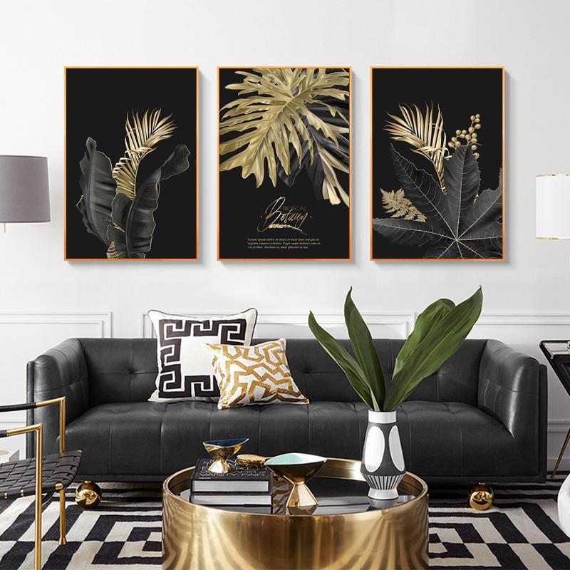 Домашний декор, абстрактное растение с золотыми листьями, настенная живопись на холсте, скандинавские постеры и принты, настенная картина для гостиной, современное искусство